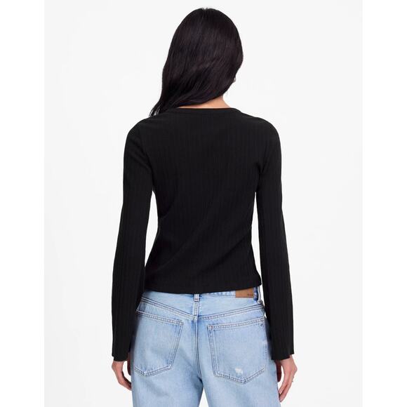 Madewell Flared-Sleeve Cardigan S Jet Black Button Up Crewneck Variegated Cotton - Picture 2 of 7